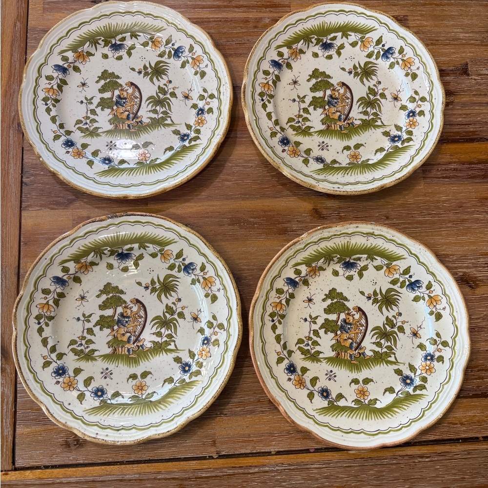 4 Dinner Plate Vieux Moustiers Primula 448894 PRLVIM Goatman Archer Harp Flowers